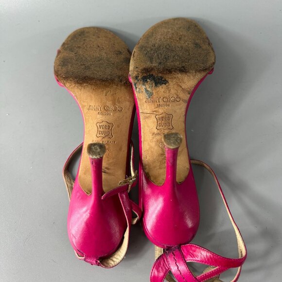 Jimmy Choo Hot Pink Leather Strappy Ankle Strap Heels, Size 37.5'' - Picture 8 of 14